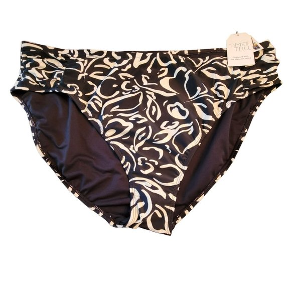 Bikini Swimsuit Bottom Mid Rise Side Rouch Black Floral Woman's 3X 24/26 LR113 - Picture 2 of 9